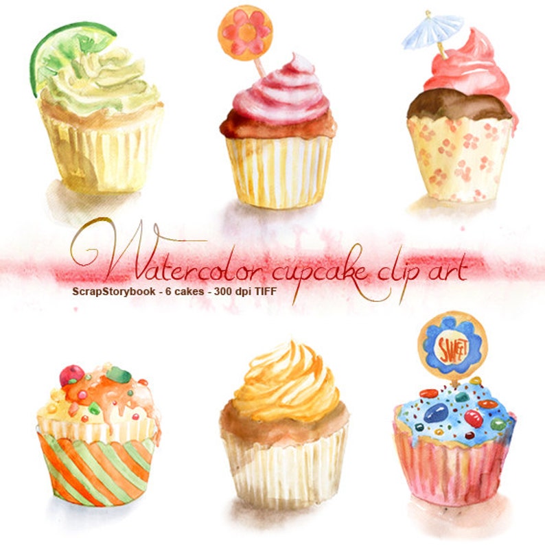 Watercolor Cupcake Clip Art Digital Printable Item 300 Dpi | Etsy