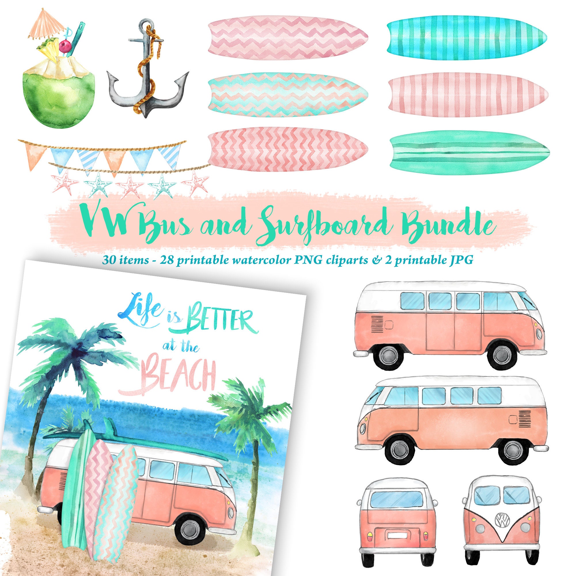 Vw Bus & Surfboard Summer Cliparts 300 Dpi Png Jpg Files | Etsy