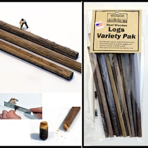 May include: A Coastmans Real Wooden Logs Variety Pak containing multiple cylindrical wooden sticks with textured bark detail. The packaging features a tan header card with black text and a small American flag icon. Includes a miniature figure.