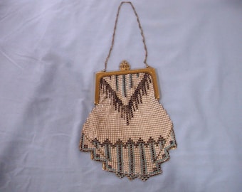 Vintage Whiting and Davis Tile Purse: Cream, Blue, and Black