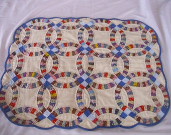 Antique Quilt, Double Wedding Ring Quilt, Handmade Quilt, Hand Pieced and Hand Quilted, Blue Quilt, Large Doll Bed Quilt, Wall Hanging