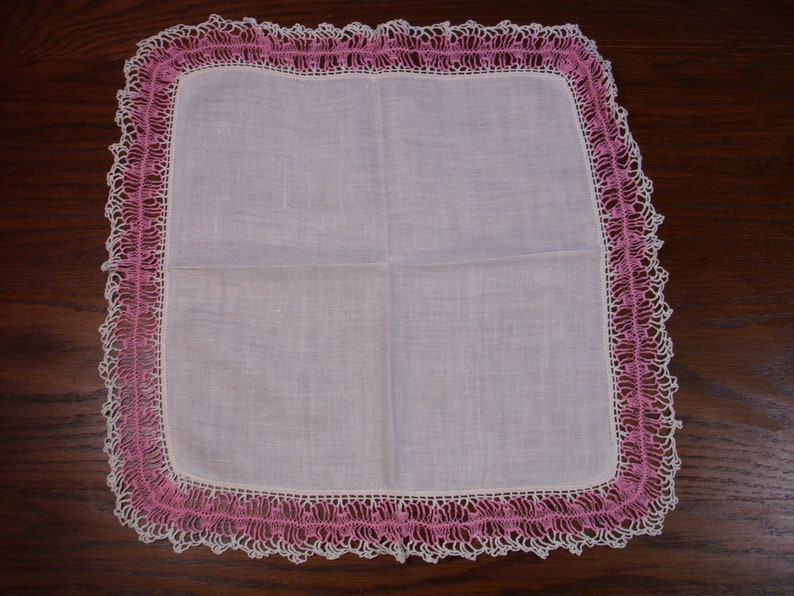 Crochet Handkerchief Pink Handkerchief Three Vintage Linen Handkerchief with Crochet Edge Pink Crochet Handkerchief Wedding Handkerchief
