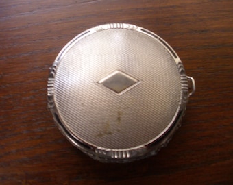 Vintage Art Deco Silver Compact with Mesh Pouch, Engraved Lid