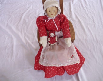 Folk Art Doll, Handmade Doll, Cloth Doll, Sawdust Head Doll, Primitive Doll, Artist Doll, Pioneer Doll, Soft Sculpture Doll with Baby Doll