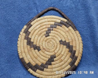 Vintage Hopi Coiled Basket Plaque, Handwoven Windmill Design