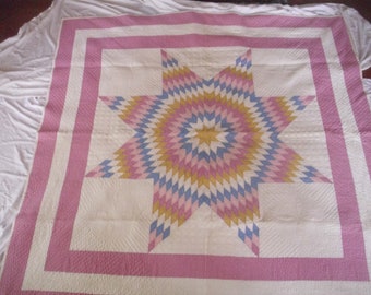 Antique Lone Star Quilt, 1950s Pink & Gold Patchwork, Hand Quilted