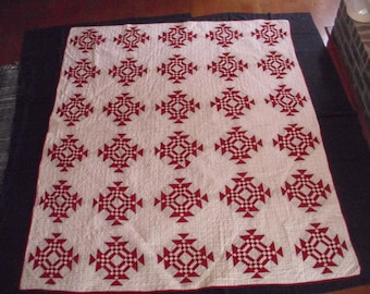 Antique 'Young Man's Fancy' Quilt: Red & White Patchwork, c.1900