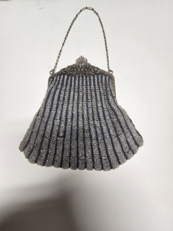 1920s Beaded Purse, Gray Swag Glass Beading