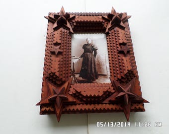 Hand Carved West Cedar Tramp Art Frame, Folk Art, 4x6 Photo Frame