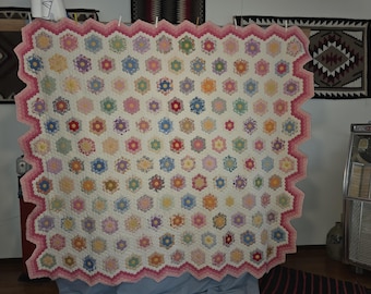 Antique Flower Garden Quilt: 1930s Handmade Double Size, Pink and Multiple Color