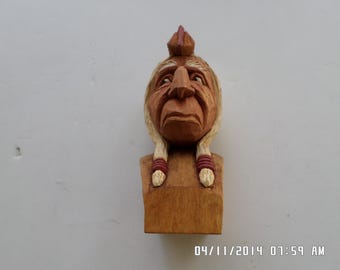Hand Carved Indian Bust, Folk Art Carving, Artisan Wooden Indian