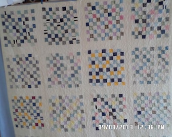 Antique  Postage Stamp Quilt,  Multicolor Quilt, Handmake Quilt, Hand Quilted, Patchwork Quilt, Primitive Quilt, Circa 1910