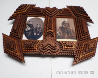 Handcarved Mahogany Tramp Art Double Photo Frame, Folk Rustic Chip Carved (4x6 openings)