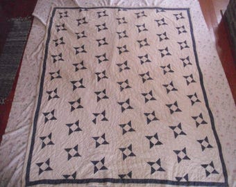 Antique Windmill Quilt: 1900s Handmade Full Size Blue & White