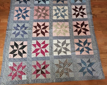 Antique 'Clays Choice' Star Quilt: 1900s Primitive Patchwork, Hand-Quilted