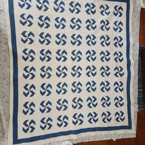 Antique Quilt, Dutchman&#39;s Puzzle or Pinwheel Quilt, Handmade Quilt, Hand Quilted, Blue and White Quilt, Full Size
