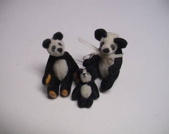 Set of 3 Vintage Mohair Jointed Panda Teddy Bears, Collectible Miniatures