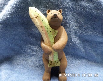 Hand Carved Basswood Bear with Salmon Sculpture, Folk Art Basswood Carving