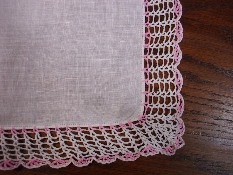 Crochet Handkerchief Pink Handkerchief Three Vintage Linen Handkerchief with Crochet Edge Pink Crochet Handkerchief Wedding Handkerchief