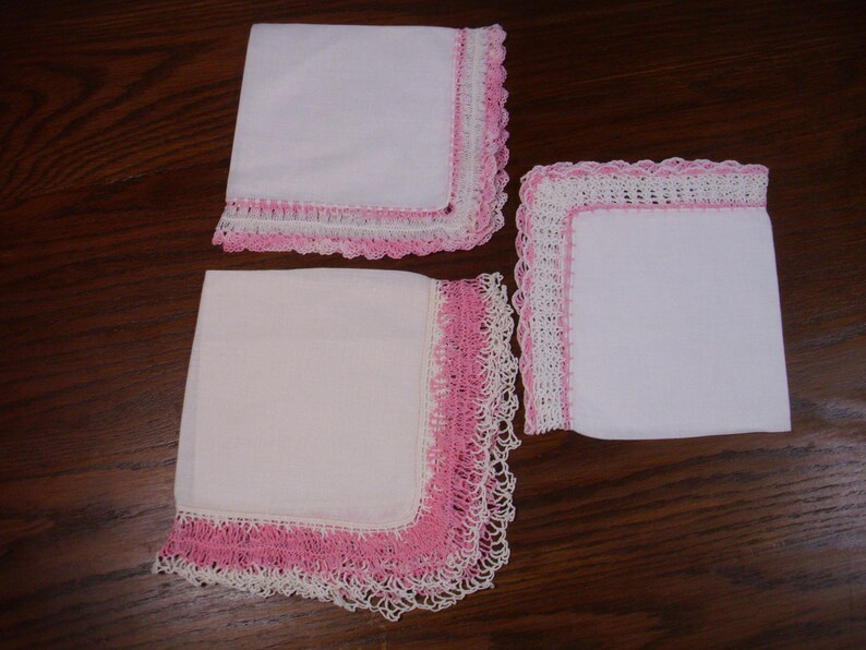 Crochet Handkerchief Pink Handkerchief Three Vintage Linen Handkerchief with Crochet Edge Pink Crochet Handkerchief Wedding Handkerchief