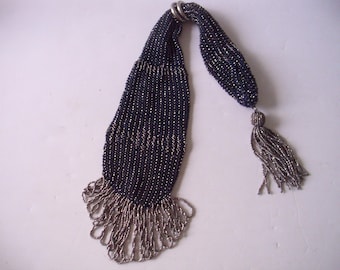 Vintage Steel Beaded Miser Purse, Navy Blue Knit Evening Bag
