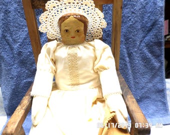 Handmade Folk Art Doll: Signed Sawdust Head, Vintage Dress