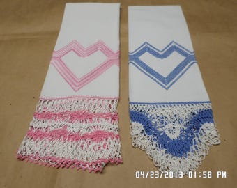 Vintage Swedish Embroidered Huck Towel: Heart Design Crochet Trim
