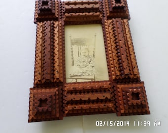 Handcarved Mahogany Tramp Art Frame, 4x6 Photo, Folk Art Wood Picture Holder