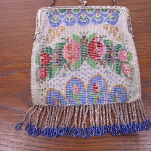 Antique Purse, Micro Beaded Purse, Micro Glass Beads, White Purse, Beaded Handbag, Vintage Beaded Purse, Rose and Blue, Vintage Handbag