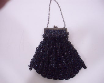 Vintage Iridescent Black Glass Beaded Evening Purse