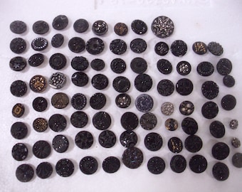 Assorted Vintage Black Glass Buttons, Mixed Designs, Sewing Craft Supplies