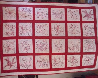 Vintage Embroidered Crib Quilt: Red & White Baby Bedding