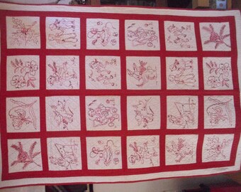 Vintage Red Embroidered Crib Quilt, Red Crib Quilt, Embroidered Figures, Baby Quilt, Baby Bedding, Red Nursery Decor