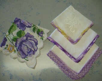 Four Vintage White Linen Handkerchiefs, Hankie with Crochet, Lavender Hankie, Printed Handkerchief, Lilac Hankie, Crochet Handkerchief,