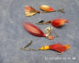Vintage Fishing Lures Lot, Spinner Baits, Feathered Lures, G. M. Skinner, Weesner, Jamison