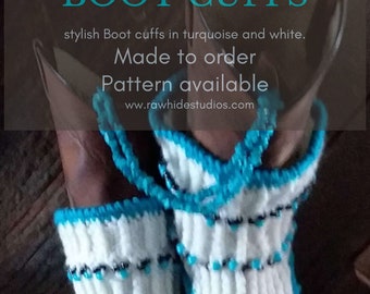 Boot Cuffs, Hand Knitted Beaded White Turquoise,  Blue Slouchy Boot Wrap, Ankle Boot Cuff, Boot Sock, CUSTOM MADE,