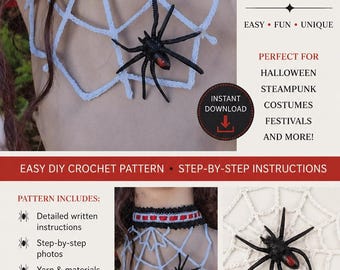 May include: A DIY crochet spider web necklace with a black and red collar and a white web design. A black spider is attached to the web. The image includes text that says "Easy, Fun, Unique" and "Make a statement this Halloween!"