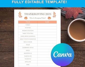 May include: A Thanksgiving 2025 template with a list of foods, including turkey, stuffing, and pumpkin pie. The template is designed to record who is bringing what. The words "FULLY EDITABLE TEMPLATE!" and "Canva" are also visible.
