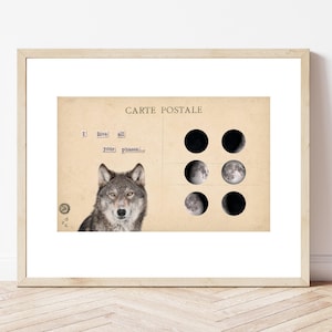 Impressão giclée de belas artes de 8x10" de "Lobo para a Lua", impressão de arte de parede de lobo, arte da lua, lua cheia, fases da lua, presente exclusivo, impressão de Natal, presente