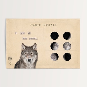 4x6&quot; Postcard of &quot;Wolf to Moon&quot; from The Imagined Postcard, Wolf Art, Moon Art, Full Moon, Moon Phases, Unique Gift, Phases of the Moon