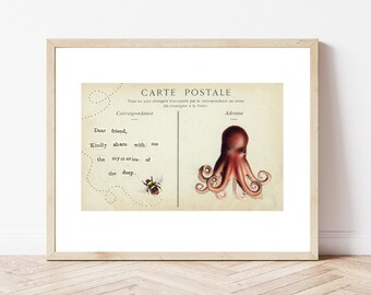 8x10" Fine Art Giclee Print of "Mysteries of the Deep" from The Imagined Postcard project, Wall Art, Art Print, Gift For Her, Octopus, Bee