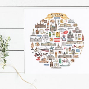 May include: A watercolor illustration of Vienna, Austria, featuring landmarks, food, and cultural icons. The illustration is in a circular shape with the word "Vienna" written in a banner at the top.