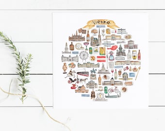 May include: A watercolor illustration of Vienna, Austria, featuring landmarks, food, and cultural icons. The illustration is in a circular shape with the word "Vienna" written in a banner at the top.