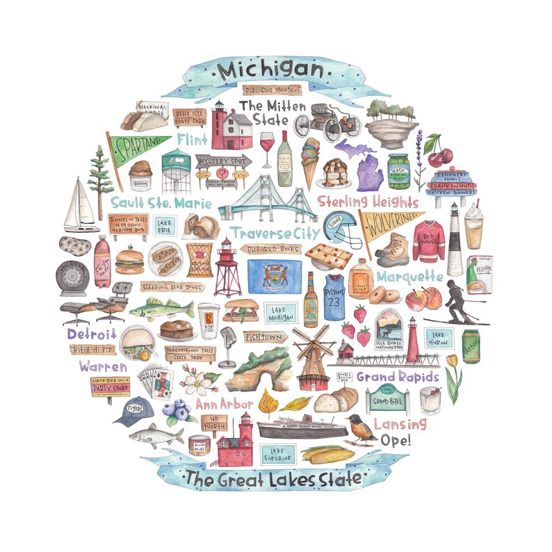 Michigan Icon Set Michigan Icon Watercolor Illustration - Etsy