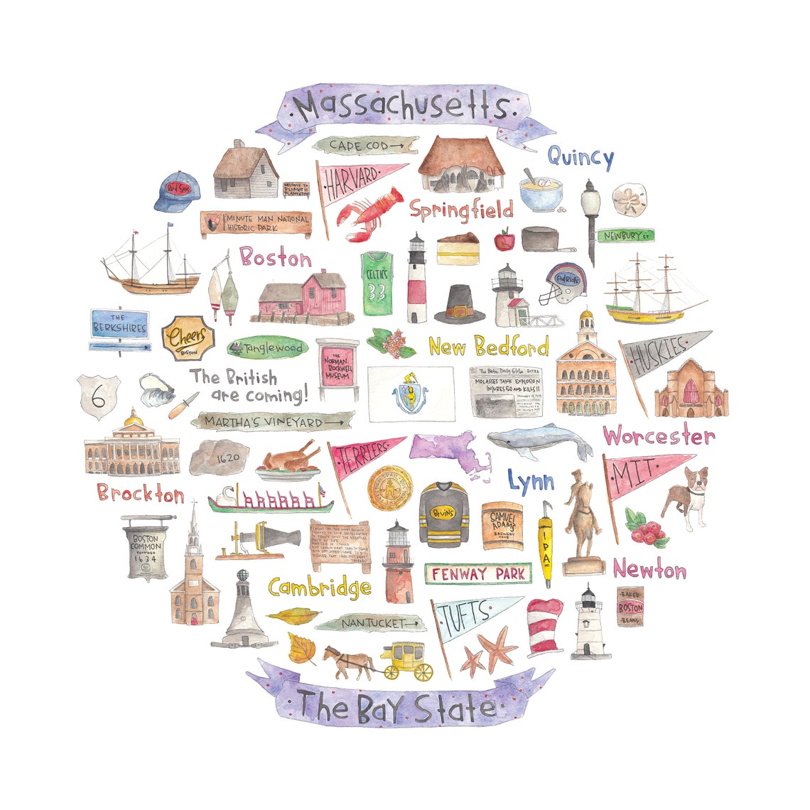 Massachusetts Icon Watercolor Illustration - Etsy