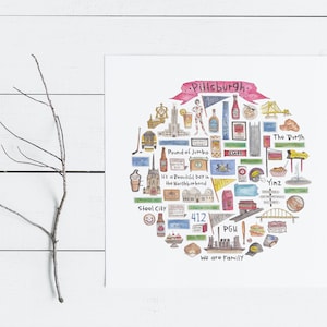 May include: A watercolor illustration of a heart-shaped map of Pittsburgh, Pennsylvania. The map is filled with iconic landmarks, food, and phrases associated with the city, including the Pittsburgh Steelers logo, the Heinz ketchup bottle, and the phrase "We are Family".