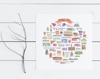 May include: A watercolor illustration of Clemson University, South Carolina. The illustration is in the shape of a circle and features various landmarks, symbols, and text related to the university, including the words "Clemson", "Solid Orange", "There's something in these hills", "Clemson Family", "We too deep", "1234 Clemson Tigers", "864", "IPTAY", "BYOG", and "1889".