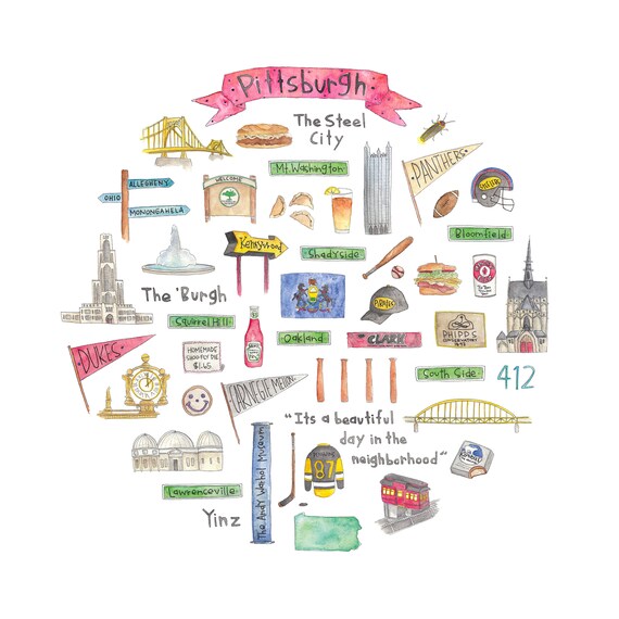 Pittsburgh Pa Icon Watercolor Illustration Etsy