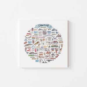 May include: A square canvas print featuring a colorful illustration of Cape Cod landmarks and icons arranged in a circular design. The artwork includes images of lighthouses, whales, boats, and local food items, with the words ".Cape Cod." at the top.