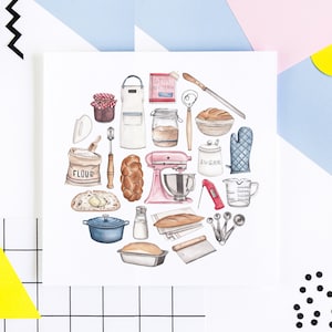 May include: A watercolor illustration of baking supplies arranged in a circle. The illustration includes a stand mixer, a loaf of bread, a rolling pin, a bowl of flour, a jar of sugar, a measuring cup, a loaf pan, and other baking tools.